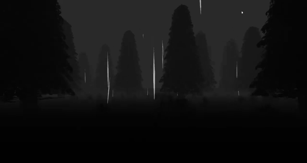 Screenshot of a first-person game with the player walking in the woods with rain pouring down