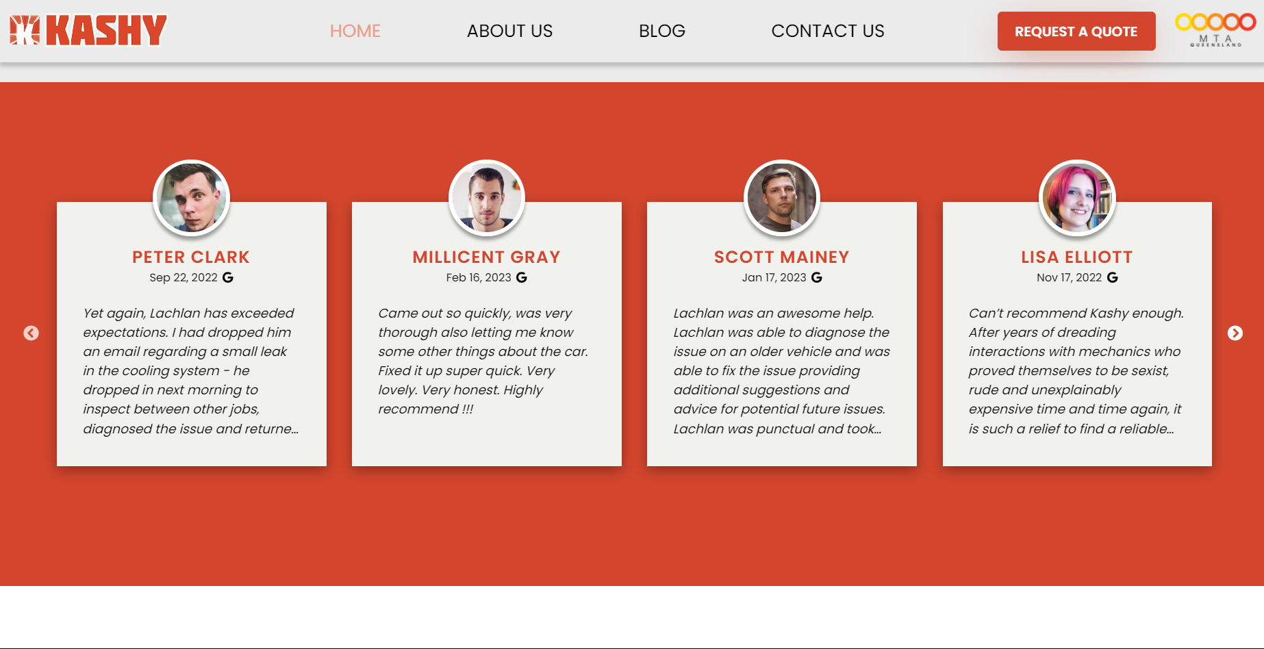 A carousel displaying customer reviews for a car servicing company.