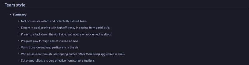 A summary of the team's style using Wyscout data