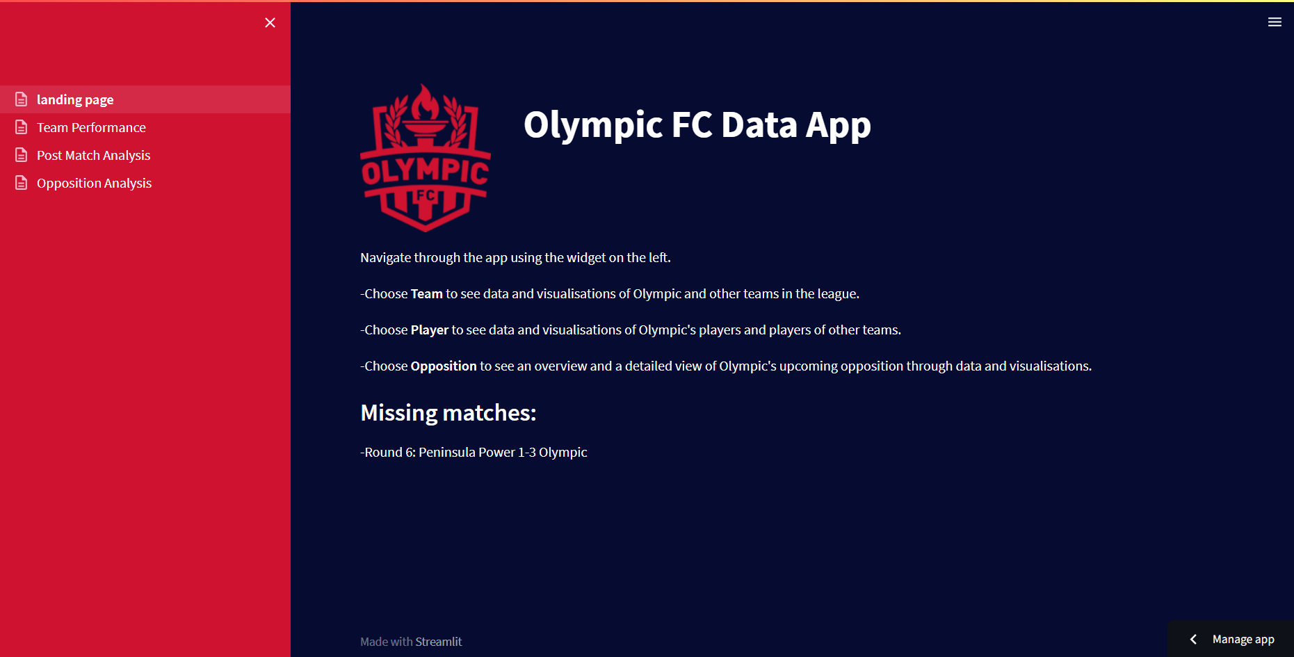 Home screen for Olympic FC's data dashboard, with instructions and notes on missing matches